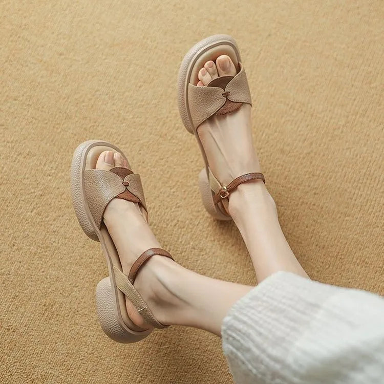 Women's chunky heel platform sandals with open toe in khaki renewable leather