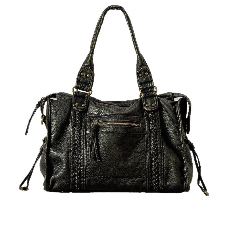 Women's brown soft PU leather retro messenger bag with a single shoulder strap, shown open to reveal internal zippered organisers.