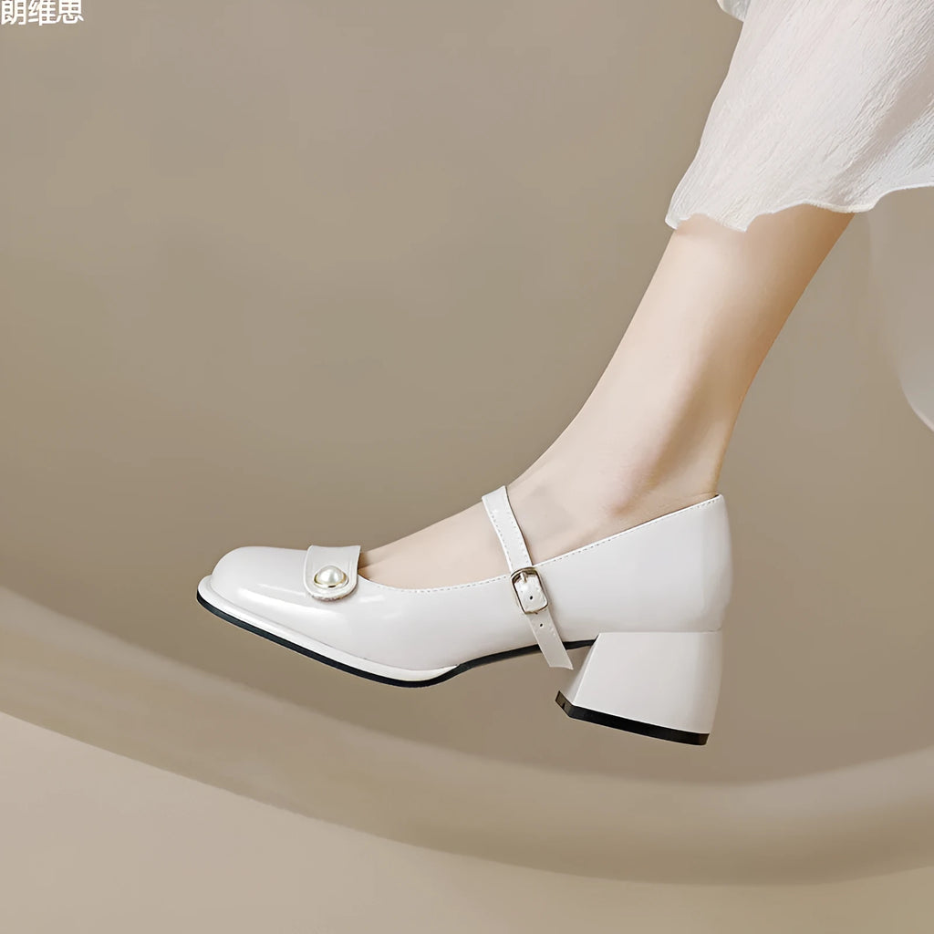 Women's apricot patent leather hiking shoe with chunky block heel and buckle closure