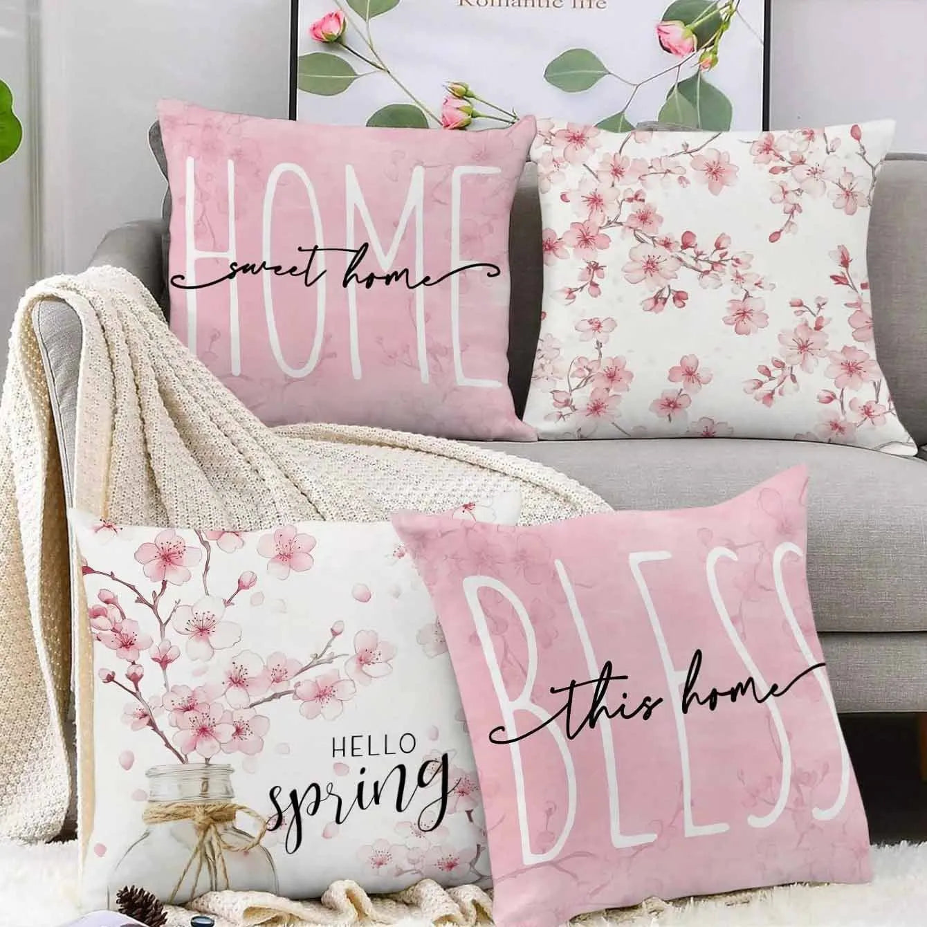 Square short velvet cushion cover with cherry blossom and letter print, 45cm by 45cm.