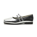 Women's silver sheepskin leather ballet flats with cross buckle strap and low flat heel