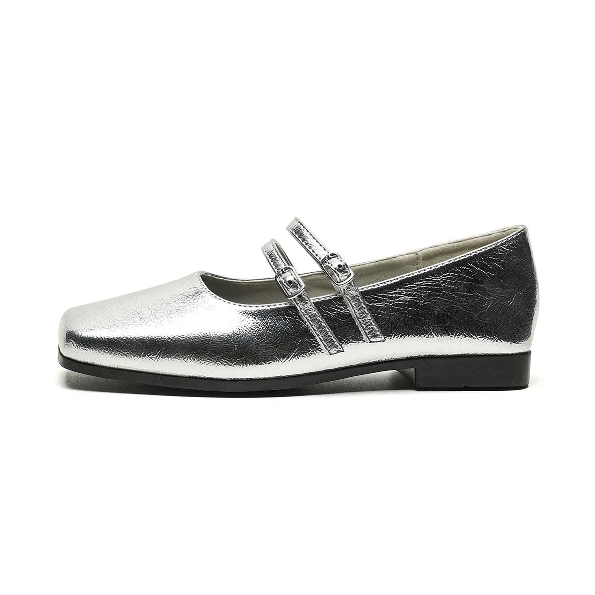 Women's silver sheepskin leather ballet flats with cross buckle strap and low flat heel