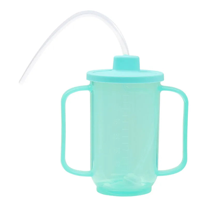 Oblique mouth choke-proof drinking cup for elderly and pregnant users in bed, with optional wrist splint handle.