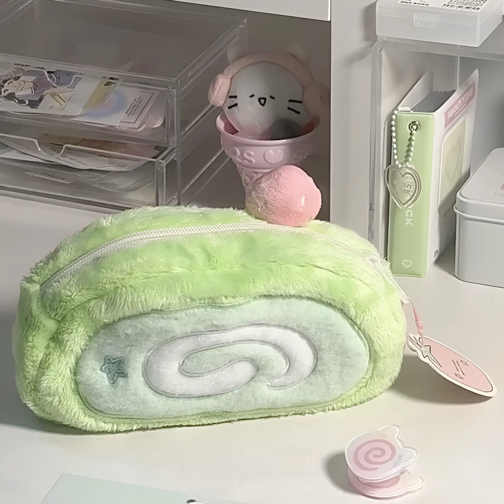 Velvet pencil case with Swiss roll cake pattern in Korean stationery style