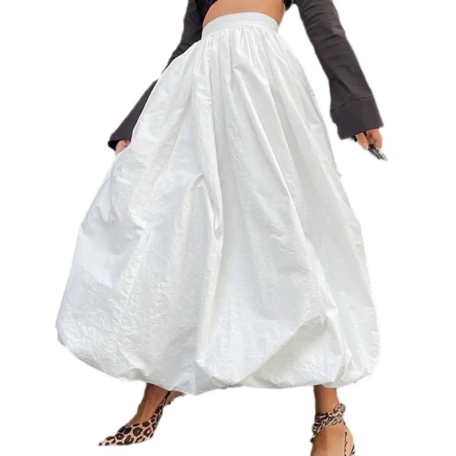 Women's solid colour long cotton skirt with elastic waistband in black or white