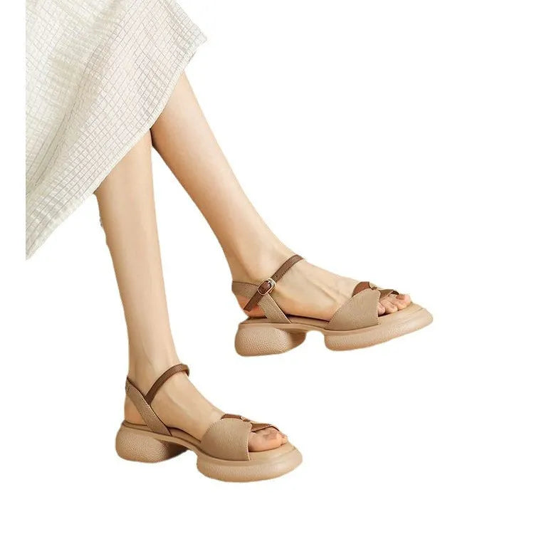 Women's chunky heel platform sandals with open toe in khaki renewable leather