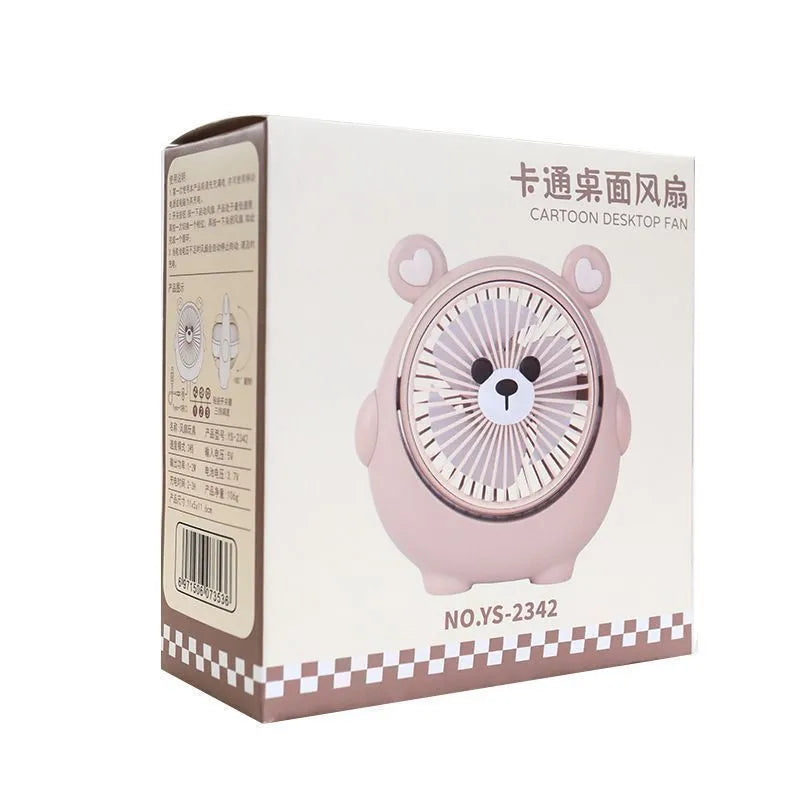 Dog-shaped desktop USB fan showing colour options including brown bear and pink puppy variants
