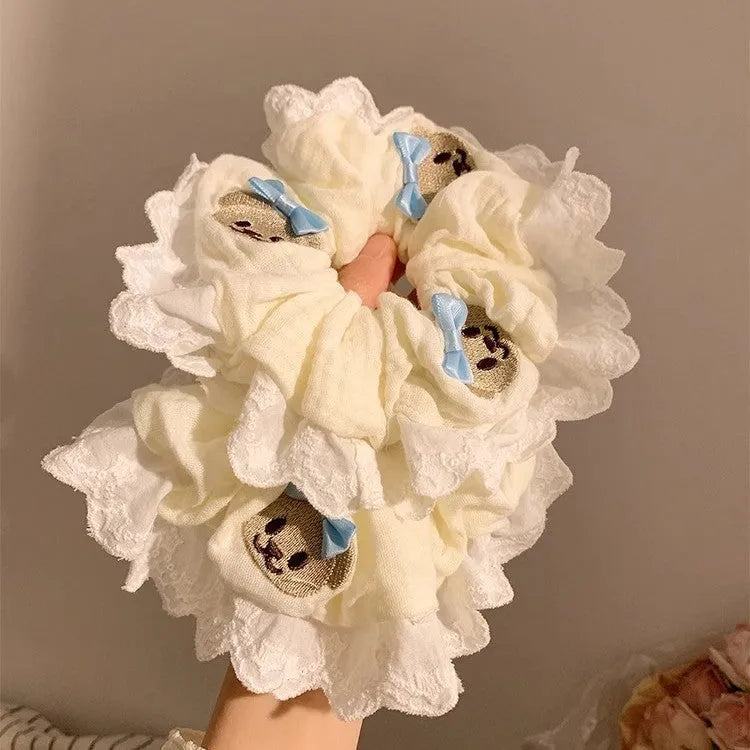 Blue cloth hair ring with bear decoration and bow, elastic large intestine style headband