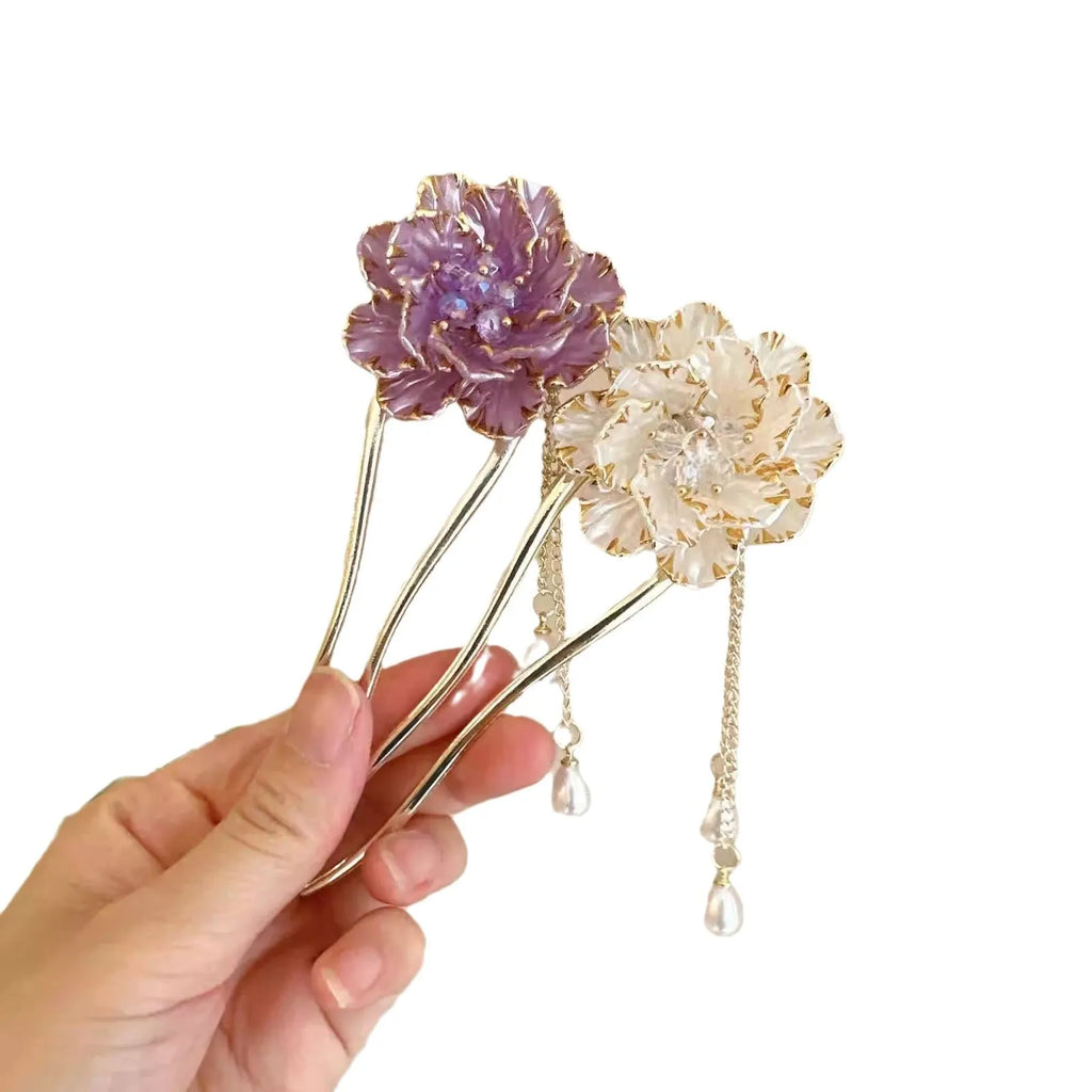 Decorative U-shaped hairpin with purple peony flower and hanging tassels in pastoral style