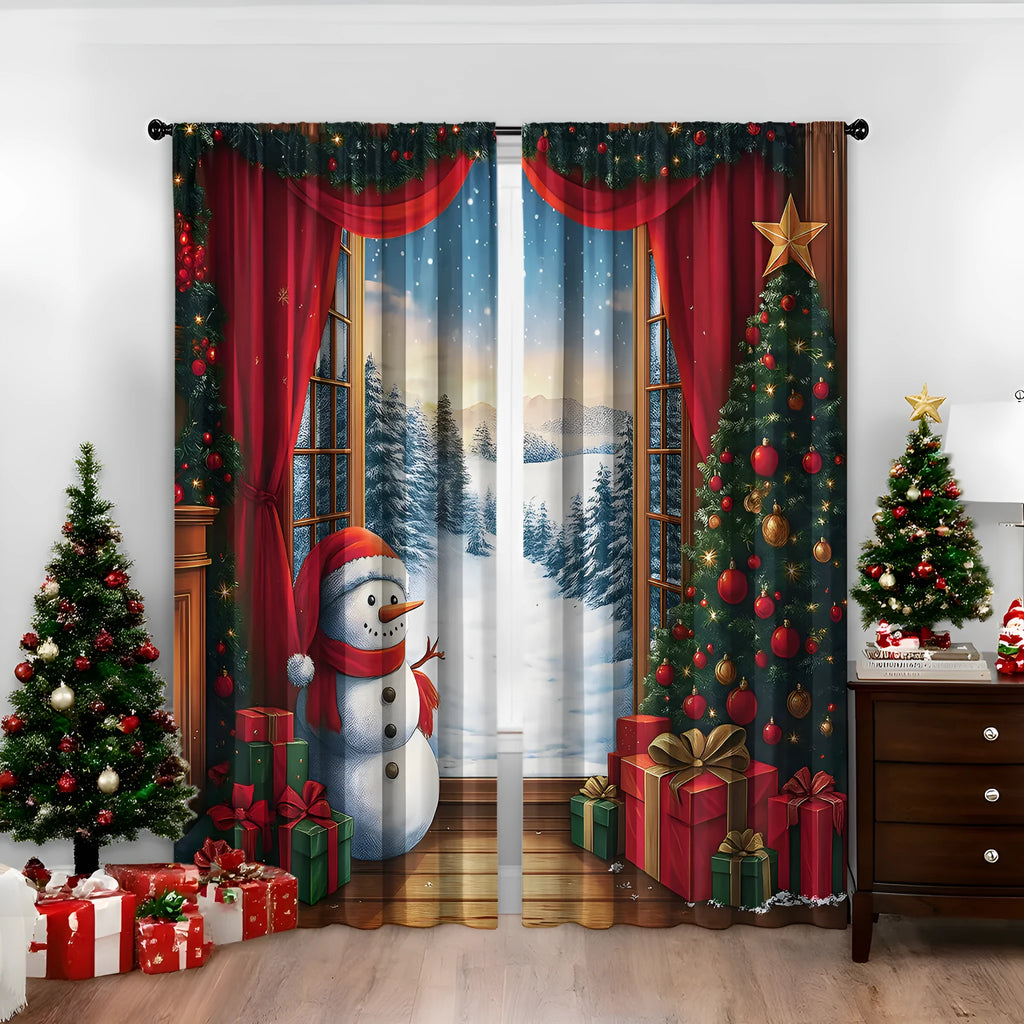 Pair of 3D digitally printed Christmas curtains with a European pattern on polyester fabric.