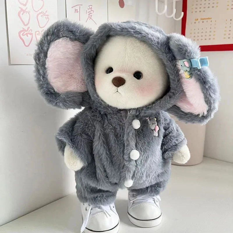 Grey elephant print jumpsuit for 30cm Lina bear doll made from plush fabric