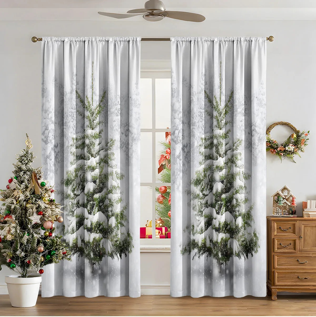 Pair of 3D digitally printed Christmas curtains with a European pattern on polyester fabric.