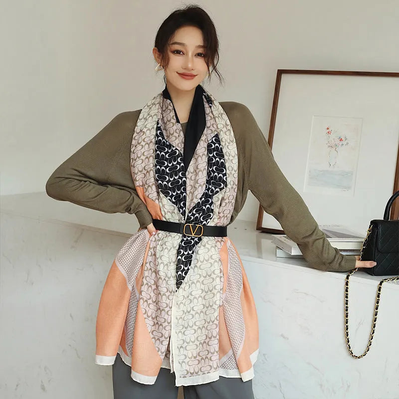 Vintage printed mid-length polyester scarf in 180cm by 90cm dimensions showing pattern detail