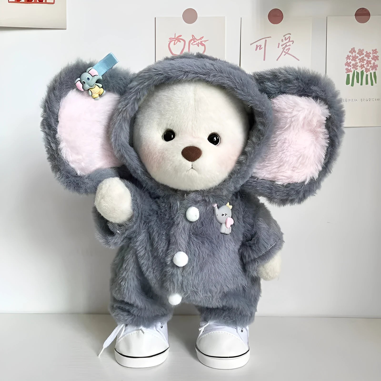 Grey elephant print jumpsuit for 30cm Lina bear doll made from plush fabric
