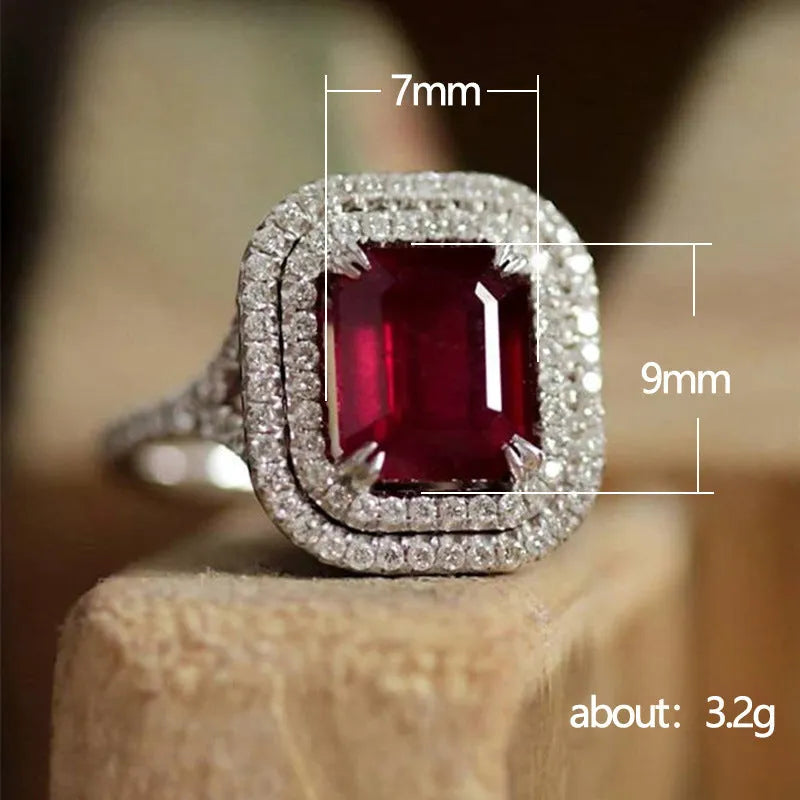 Women's copper geometric ring with square princess cut red rhinestones showing size options 6 through 10