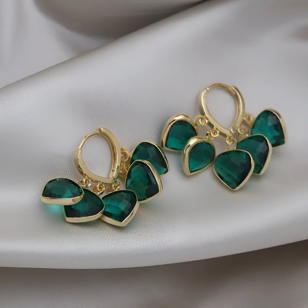 Korean style green heart pendant glass ear clip earrings with artificial gemstone detailing