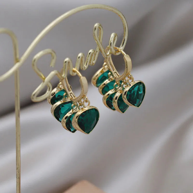 Korean style green heart pendant glass ear clip earrings with artificial gemstone detailing