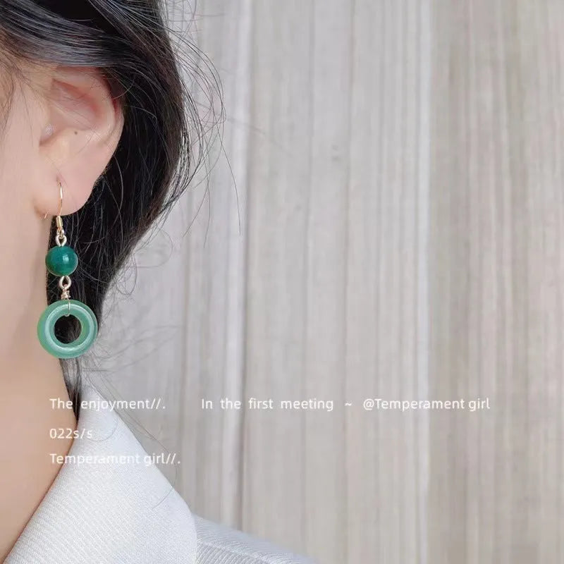 Green Chinese peace buckle geometric earrings with zinc alloy construction and 14K gold plating