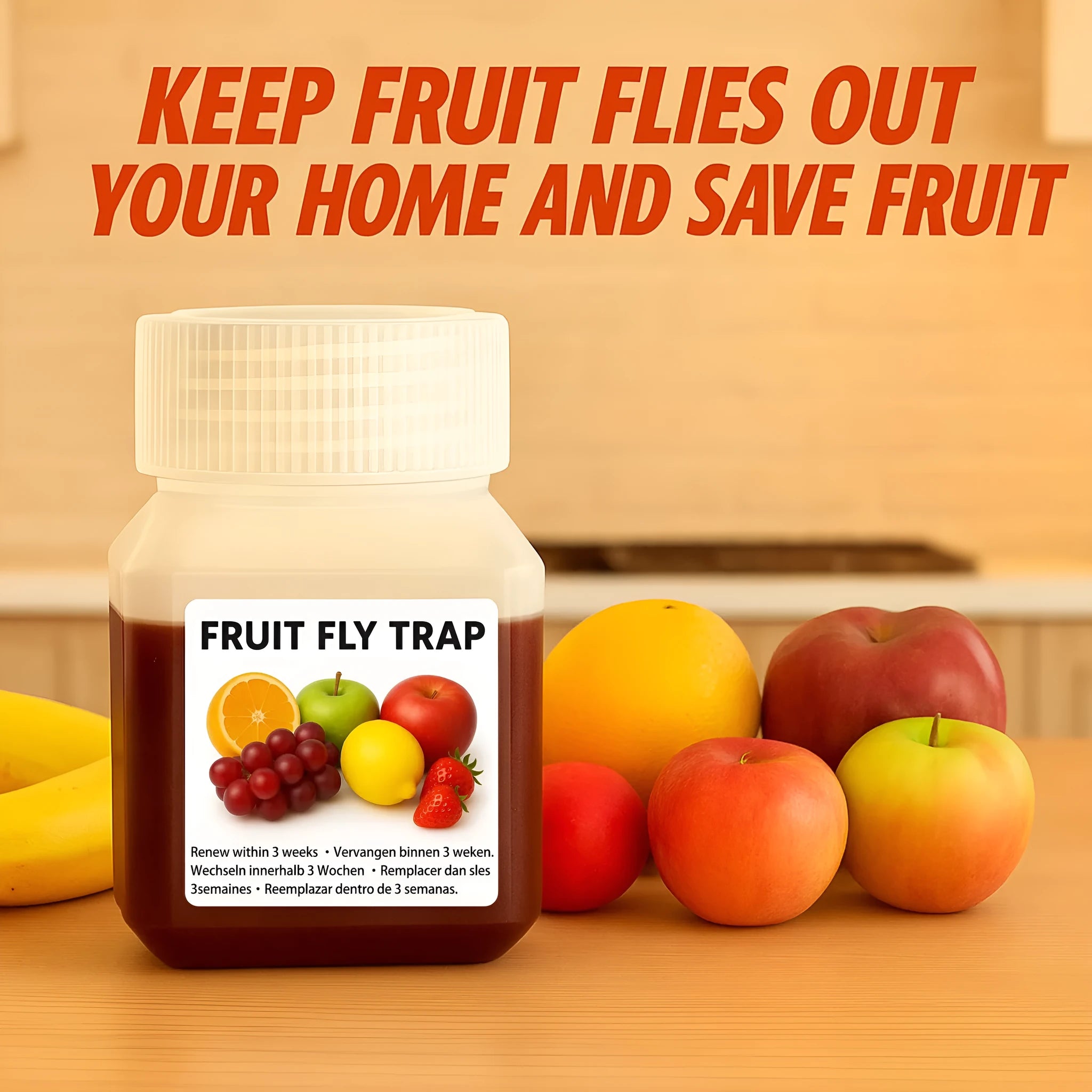Bottle of SK003 fruit fly bait liquid for use in pest traps.