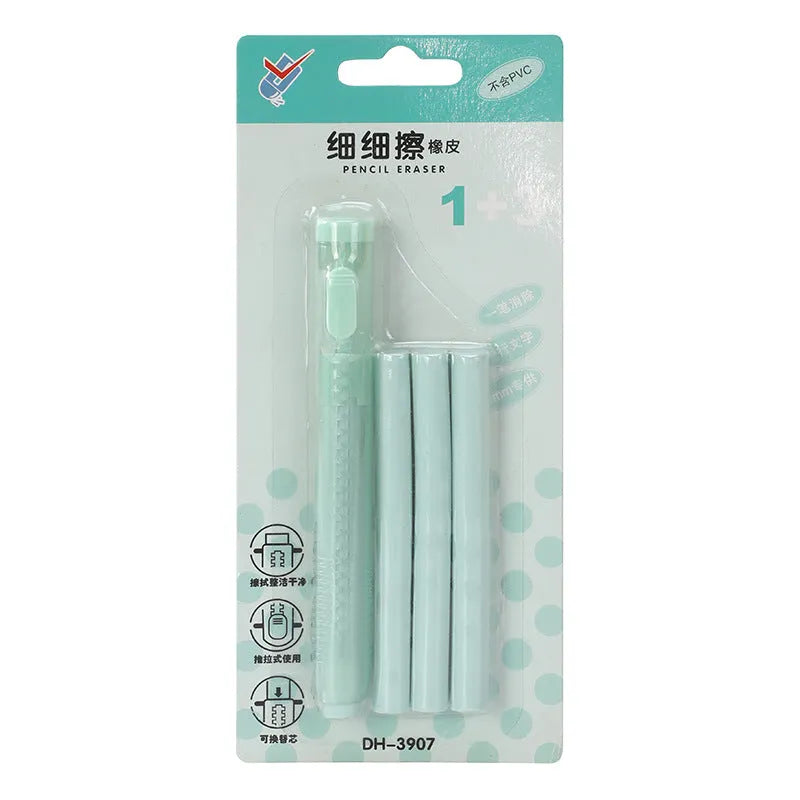 Push type automatic children's eraser in blue, green, pink or purple colours measuring 12x8cm