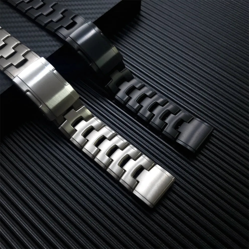 Garmin Fenix Jiaming watch replacement strap in silver, black, and titanium colours showing 22mm and 26mm width options.