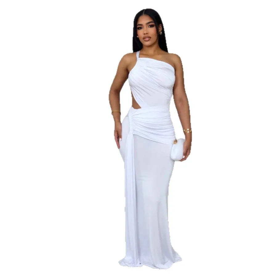 Women's milk silk one shoulder pleated long dress in solid colour with sleeveless design