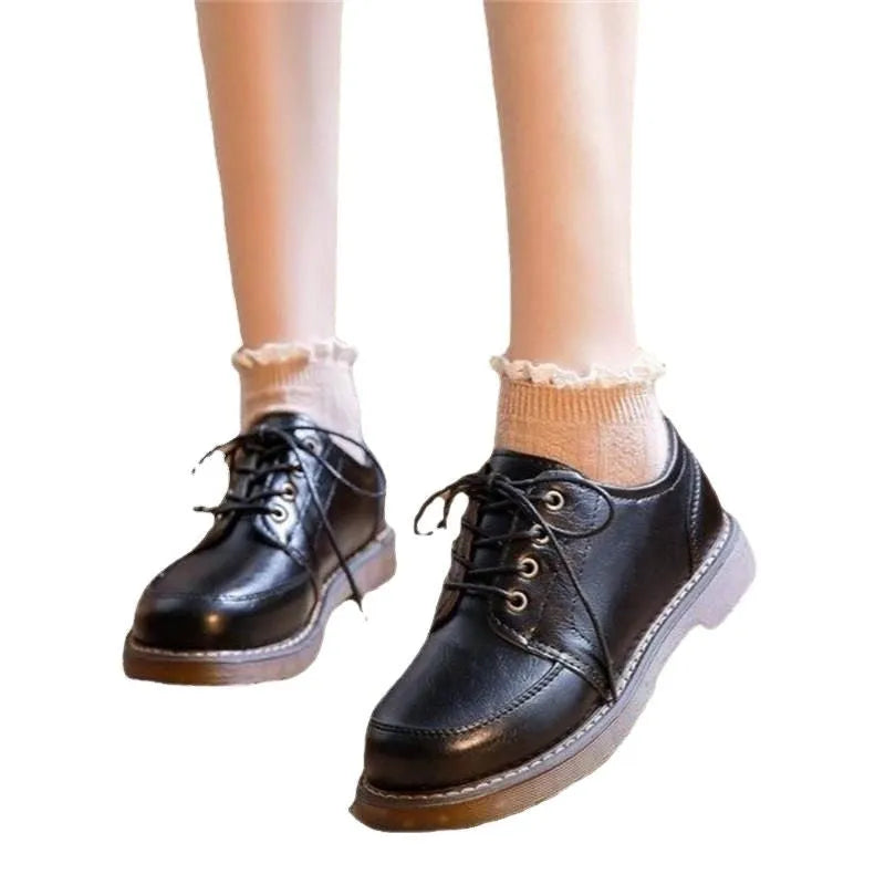 Women's black preppy Mary Jane low-heel pumps with round toe and front lace-up design
