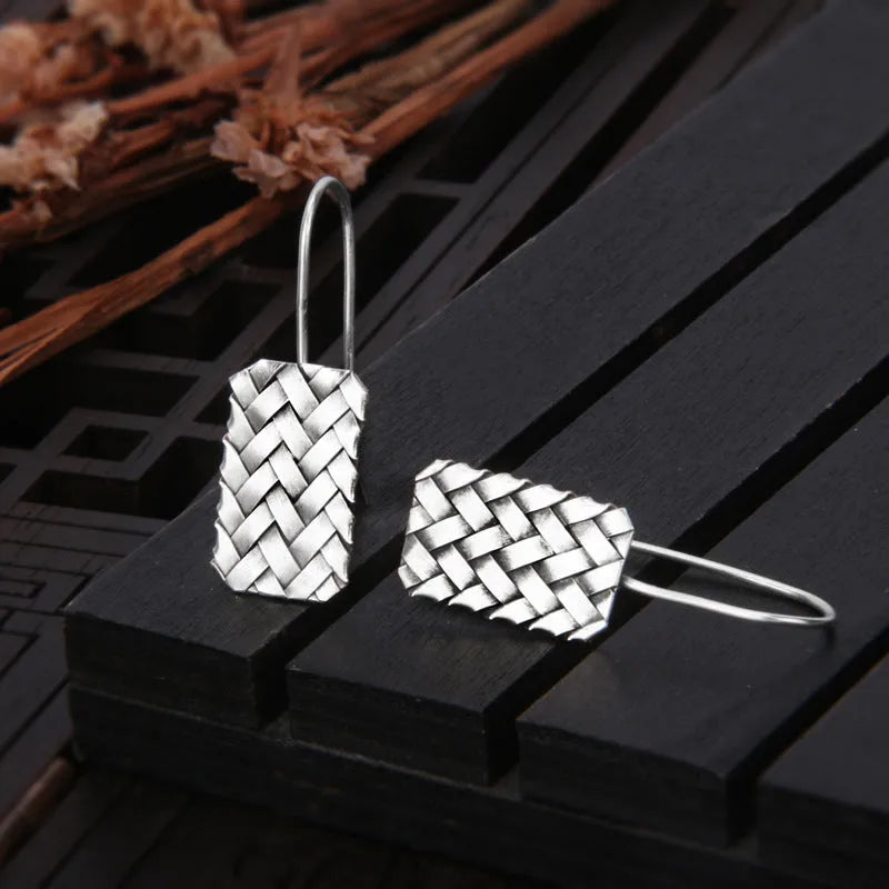 925 sterling silver geometric earrings with woven diamond plaid pattern for women