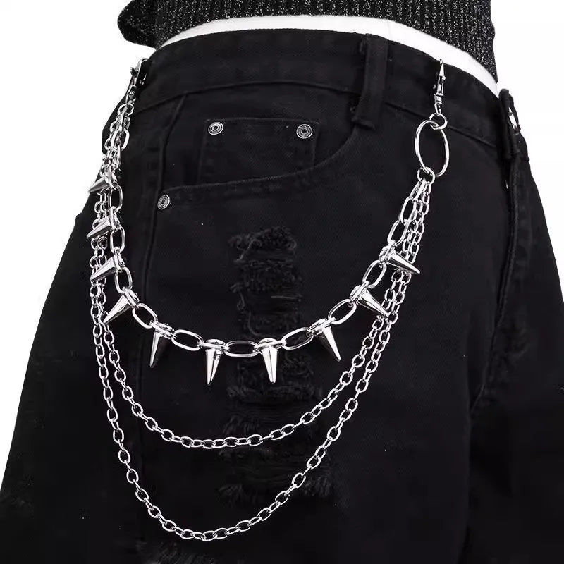 Silver metal punk fashion chain ornament with double layer rivet design measuring 115cm length