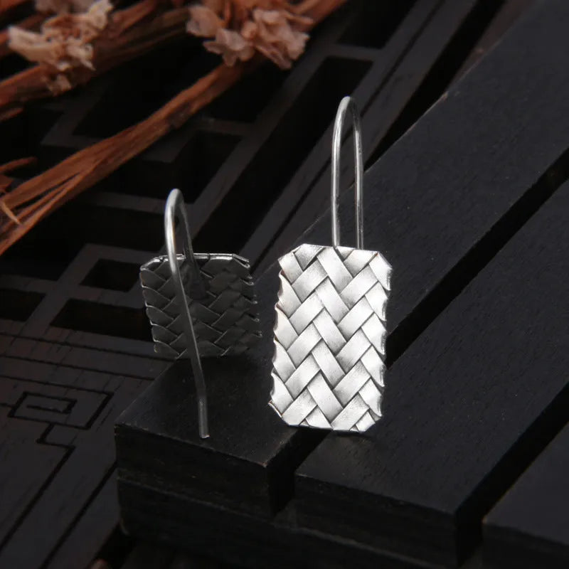 925 sterling silver geometric earrings with woven diamond plaid pattern for women