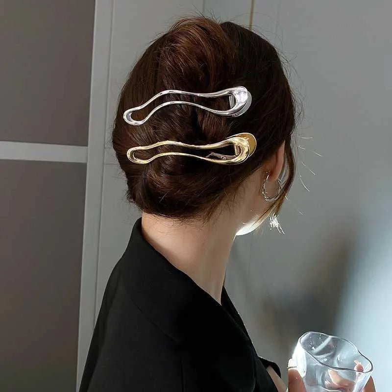 Women's zinc alloy hair barrette in gold or silver, showing square, triangle, and arc shape options.