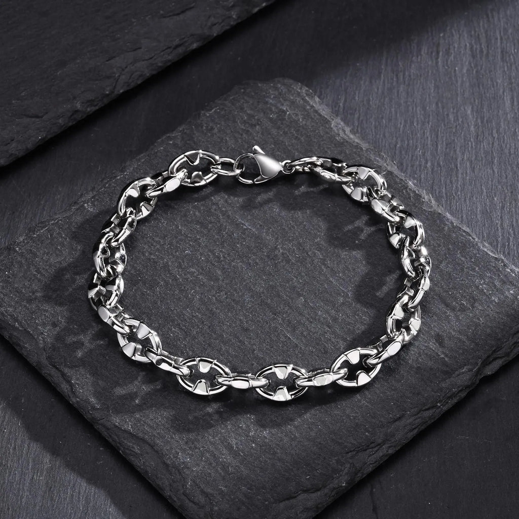 Stainless steel handmade thick geometric chain bracelet in steel colour for men's hip hop fashion