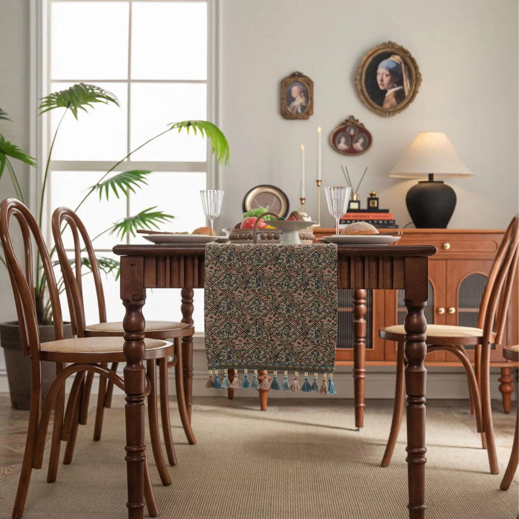 Nordic jacquard stripe pattern table runner with tassel fringe in dark blue.