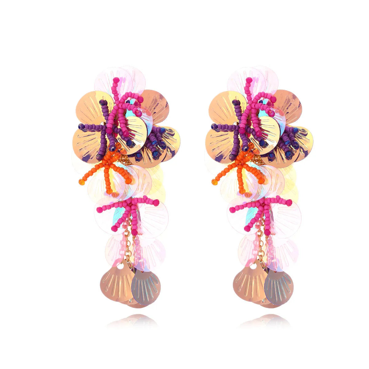 Handmade string bead flower earrings with exaggerated floral design in colourful, rose, or purple options