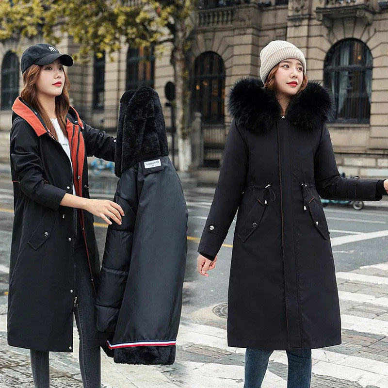 Women's long cotton-padded fleece trench coat in six colours with 100cm length