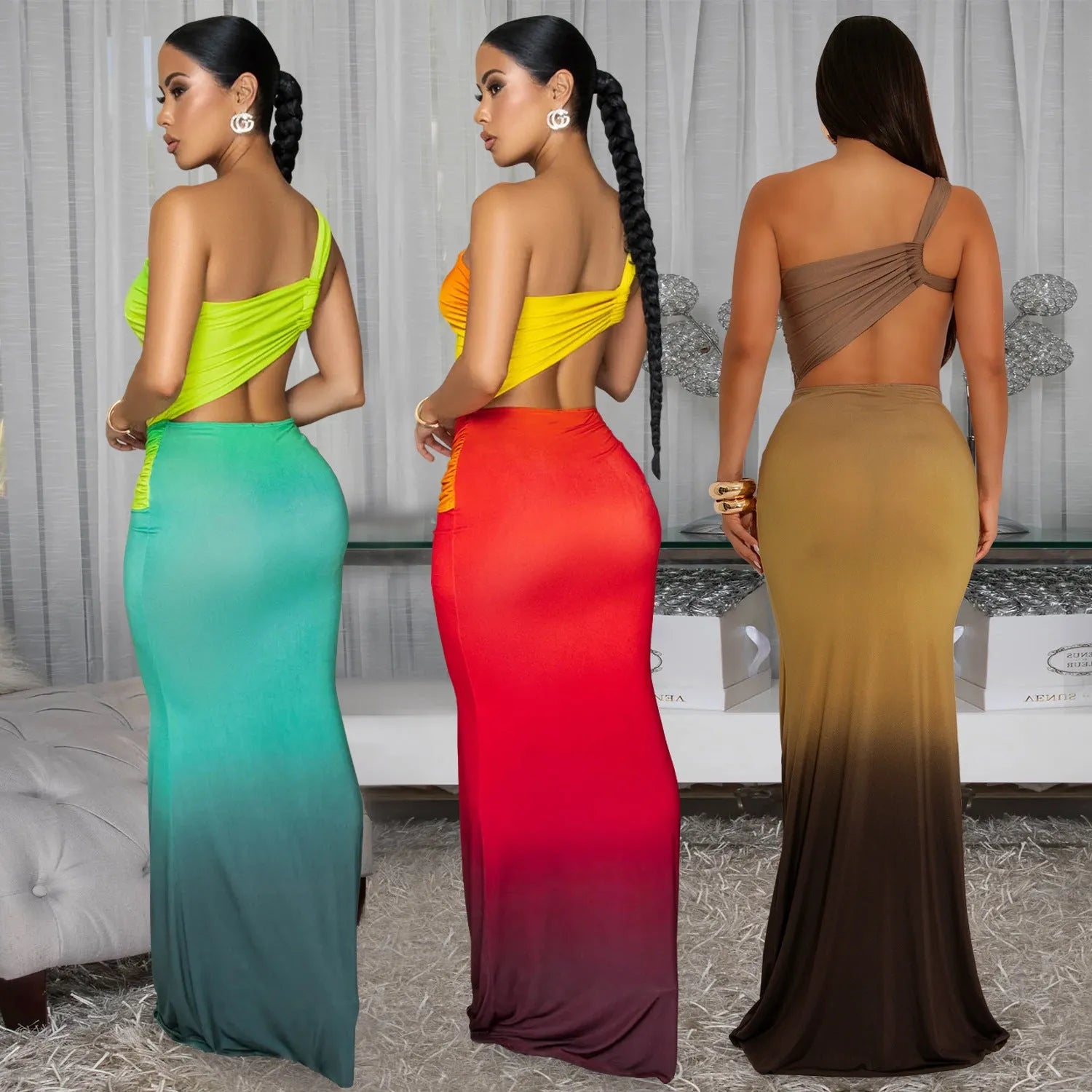 Women's cross-shoulder gradient maxi dress in polyester with high waist and sleeveless design