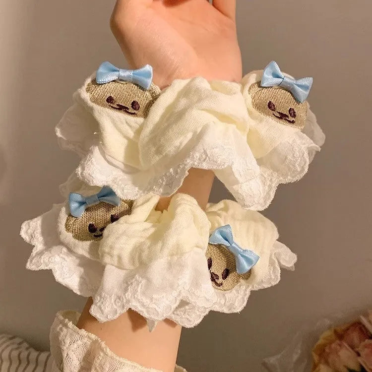 Blue cloth hair ring with bear decoration and bow, elastic large intestine style headband