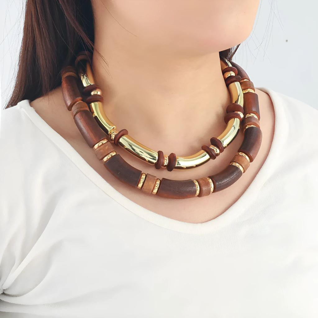 Multi-layer wooden necklace and bracelet set with alloy construction and exaggerated styling