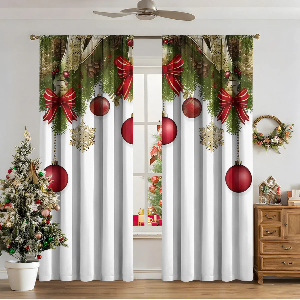 Pair of 3D digitally printed Christmas curtains with a European pattern on polyester fabric.