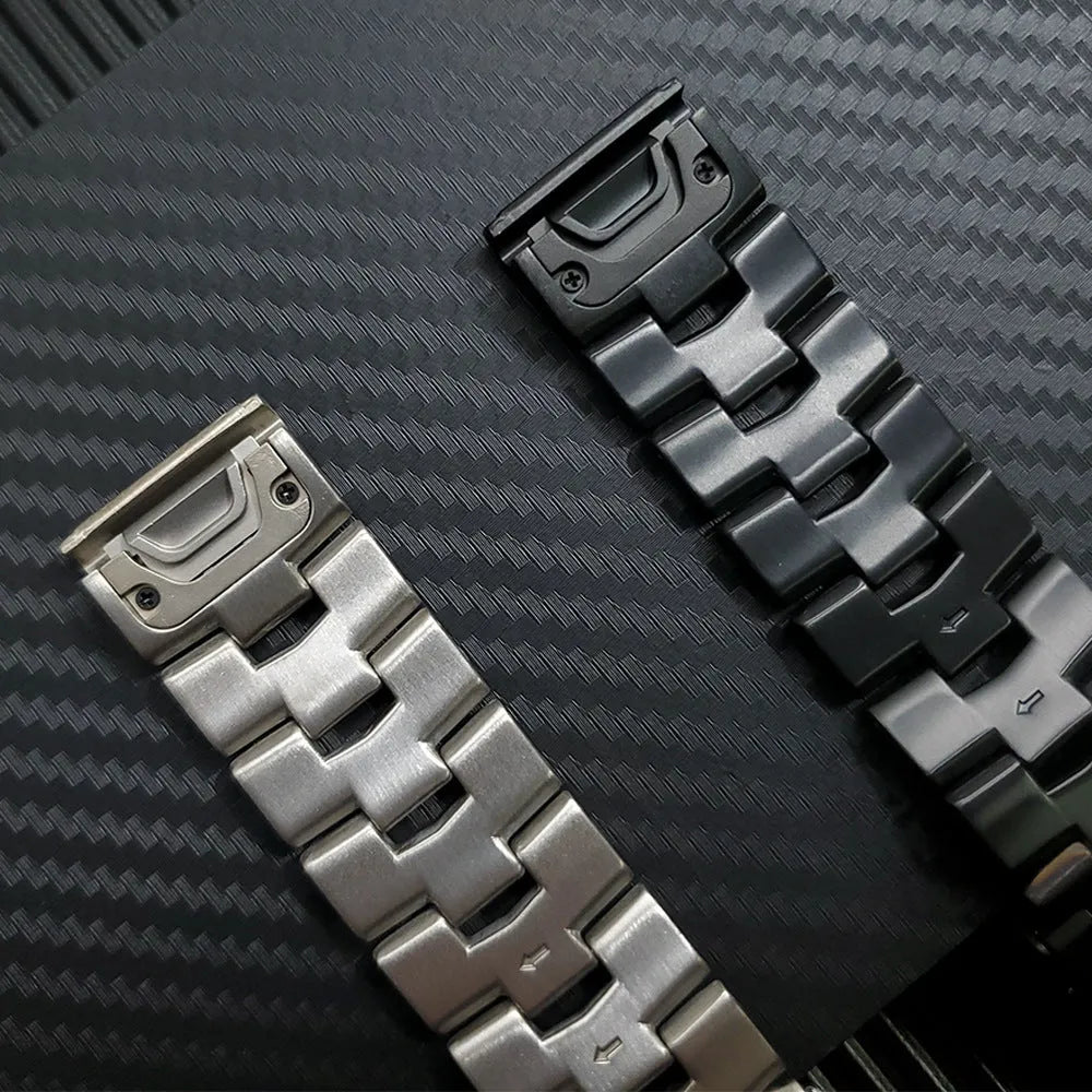 Garmin Fenix Jiaming watch replacement strap in silver, black, and titanium colours showing 22mm and 26mm width options.