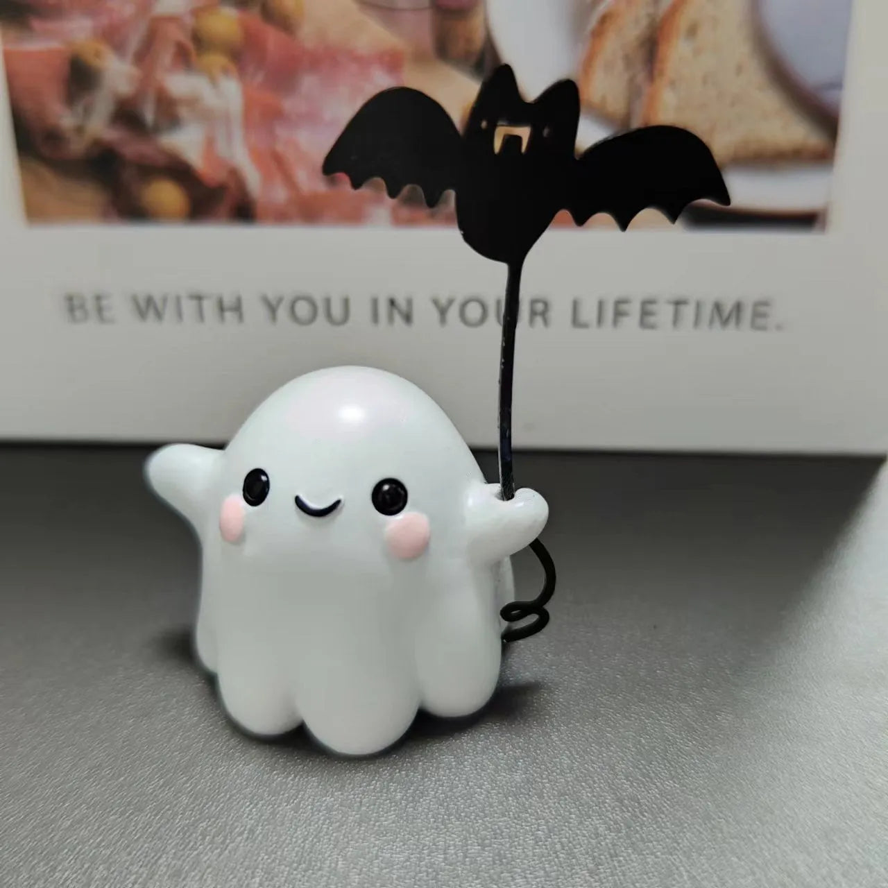Miniature resin ghost walking dog statue holding bat Halloween decoration