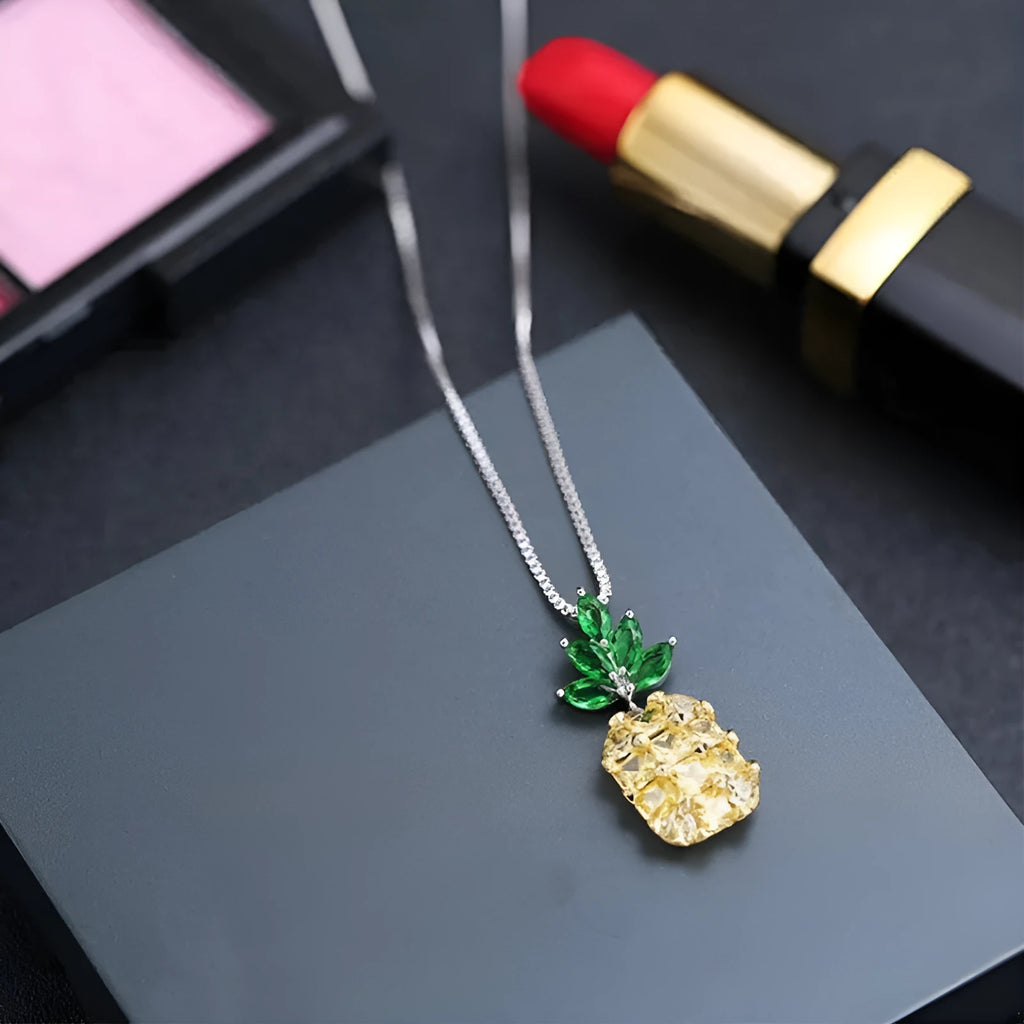Silver plated pineapple fruit necklace with diamond accents and geometric Korean fashion design