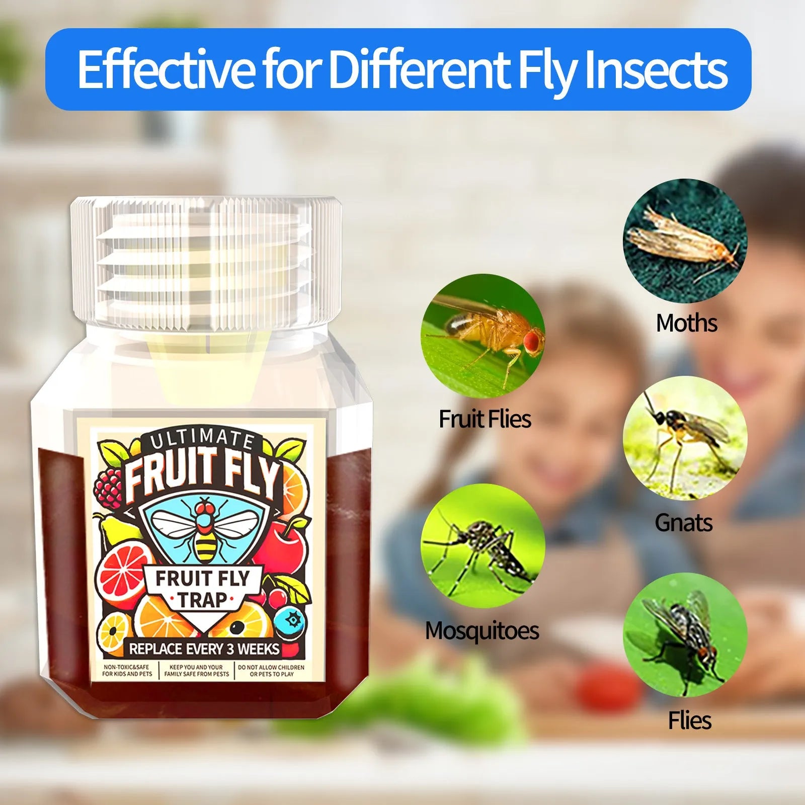 Bottle of SK003 fruit fly bait liquid for use in pest traps.