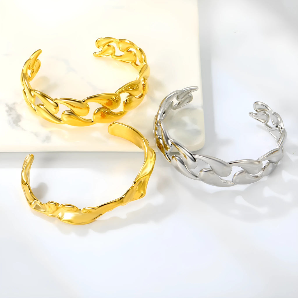 Stainless steel alloy bracelet in European and American trendy style, shown in silver, gold, and grey-gold colour options.