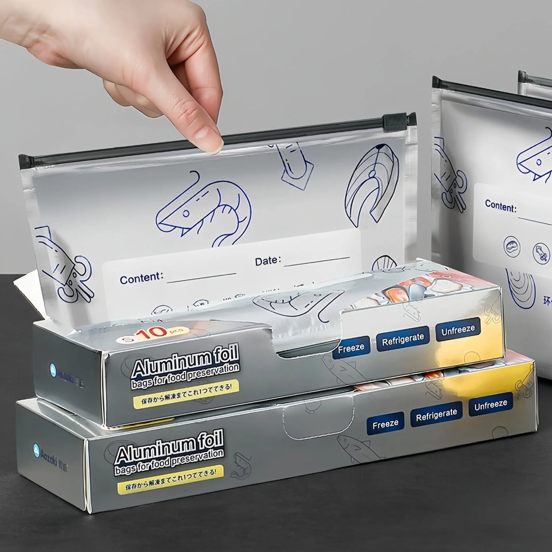 Pack of ten silver aluminium foil sealed storage bags in three different sizes on a white background.