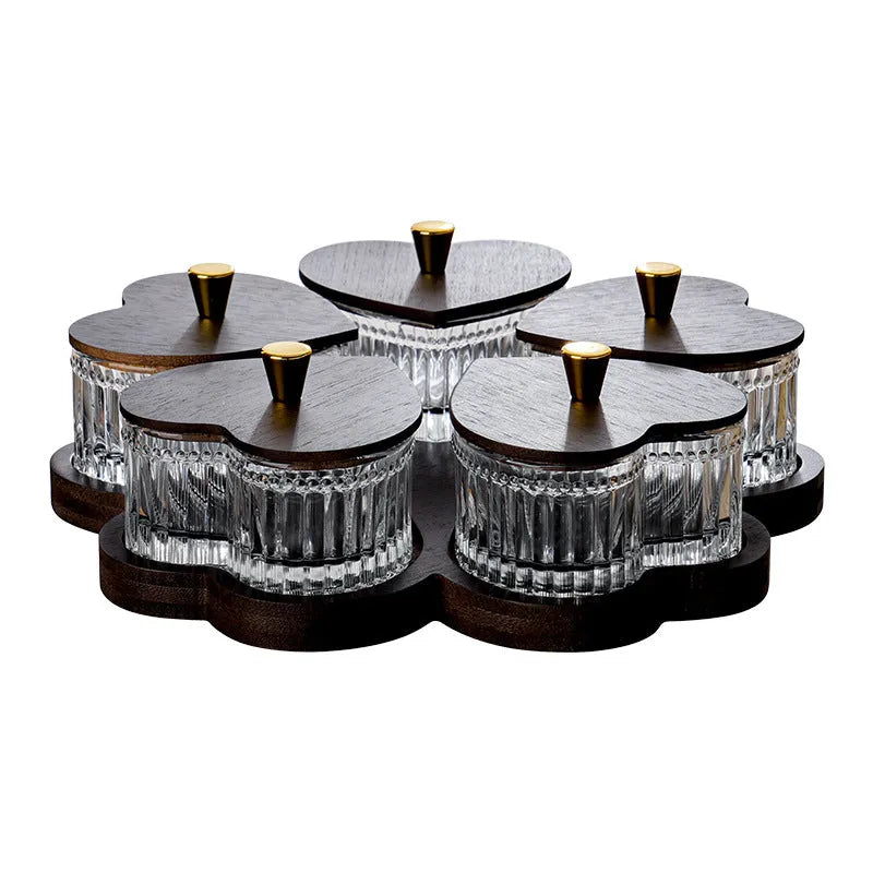 Glass dim sum plate with heart-shaped transparent lids showing solid colour finish