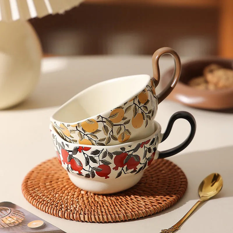 Antique style ceramic coffee cup and saucer set with medieval pattern in black or orange