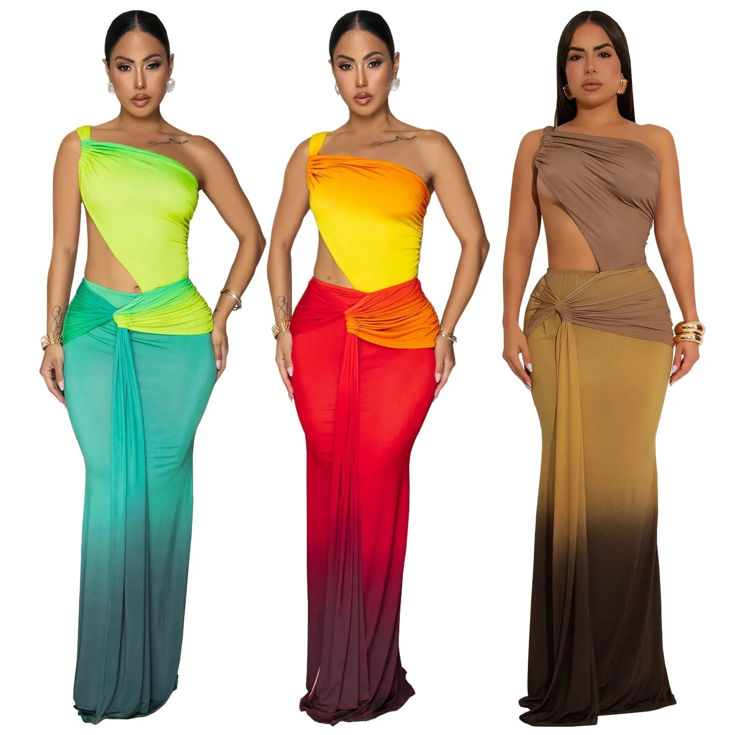Women's cross-shoulder gradient maxi dress in polyester with high waist and sleeveless design