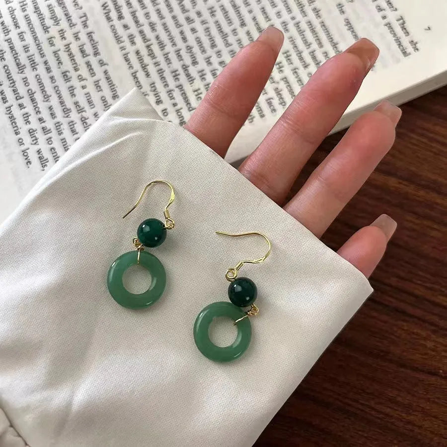 Green Chinese peace buckle geometric earrings with zinc alloy construction and 14K gold plating