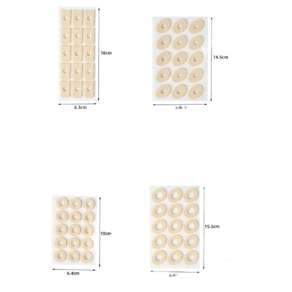 Four shapes of women's soft PU heel corn protectors: large oval, small oval, U-shaped, and circular pads.